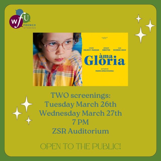 Join us for a public film screening of Àma Gloria on Tuesday, March 26 and Wednesday, March 27 at 7:00pm in ZSR Auditorium. Students: sign up on The Link and our link in bio

Synopsis: "Àma Gloria, directed by Marie Amachoukeli, France, 2023 (84min): Six-year-old Cléo loves her nanny Gloria more than anything. When Gloria must return to Cape Verde to care for her own children, the two must make the most of their last summer together" (Unifrance). This film is part of Young French Cinema, a program of Unifrance and Villa Albertine.

For more information contact Dr. Mann at manncd@wfu.edu. #wfu