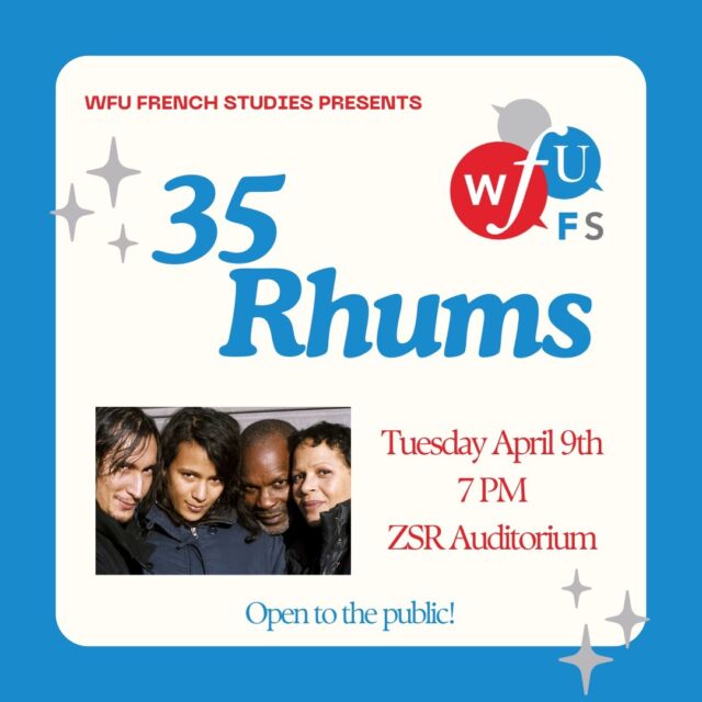 Join us for our final public film screening of the semester: 35 Rhums, Tuesday, April 9 at 7:00 PM in ZSR Auditorium. 

Students: sign up on The Link (link in bio) 

Director: Claire Denis, France/ Germany, 2008 (100 min)

"From renowned director of High Life, Claire Denis’ sublime 35 Shots of Rum is the moving story of a father and daughter whose close-knit, tender relationship is disrupted by a handsome young suitor.
Sumptuously filmed and featuring an evocative score by Tindersticks, 35 Shots of Rum casts a unique spell.
Official Selection at the Venice Film Festival and Toronto International Film Festival."- Kanopy

For more information contact Dr. Mann at manncd@wfu.edu. #wfu #wfufrenchstudies